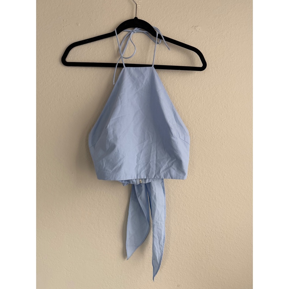 Lulus Light Blue Halter Crop Top Open Back Bow Tie XS Summer Sleeveless